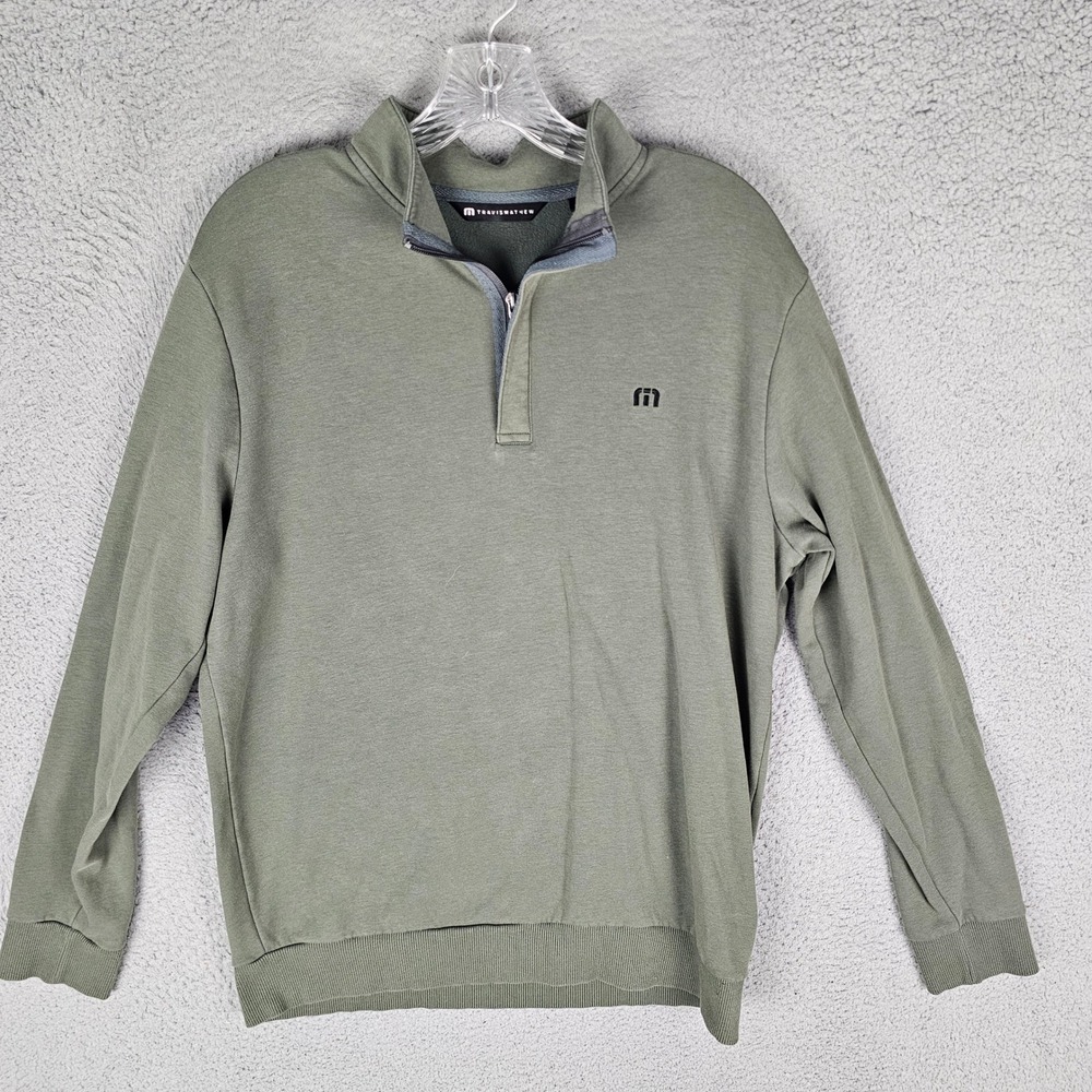 Travis Mathew Pullover Mens Medium Green 1/4 Zip Fleece Long Sleeve Logo Golf